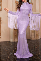 Flowering Girl Women Sequin Fringe Maxi Dress In Purple