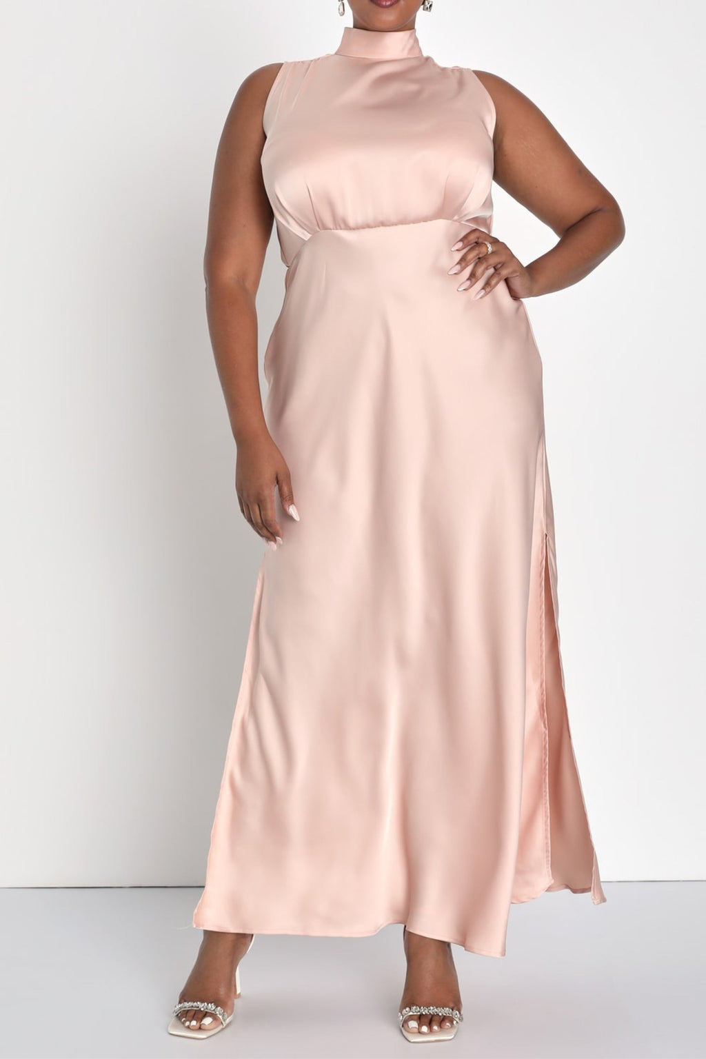 Flowering Girl Women Blush Satin Sleeveless Mock Neck Maxi Dress
