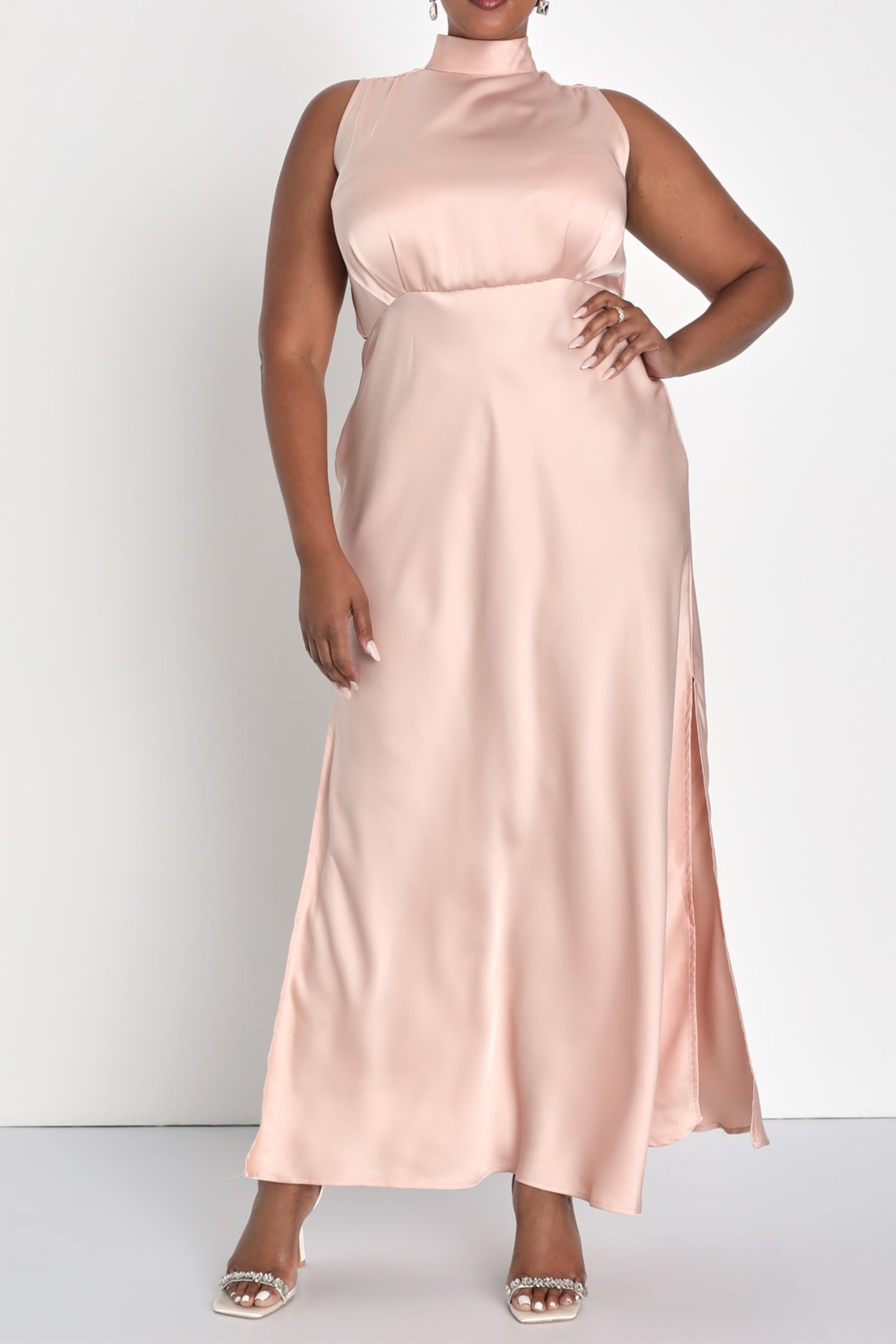 Flowering Girl Women Blush Satin Sleeveless Mock Neck Maxi Dress