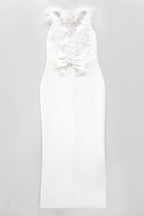 Flowering Girl Women Feather Bow Backless Midi Dresses In White
