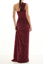 Wendy One-Shoulder Lace Maxi Dress In Burgundy