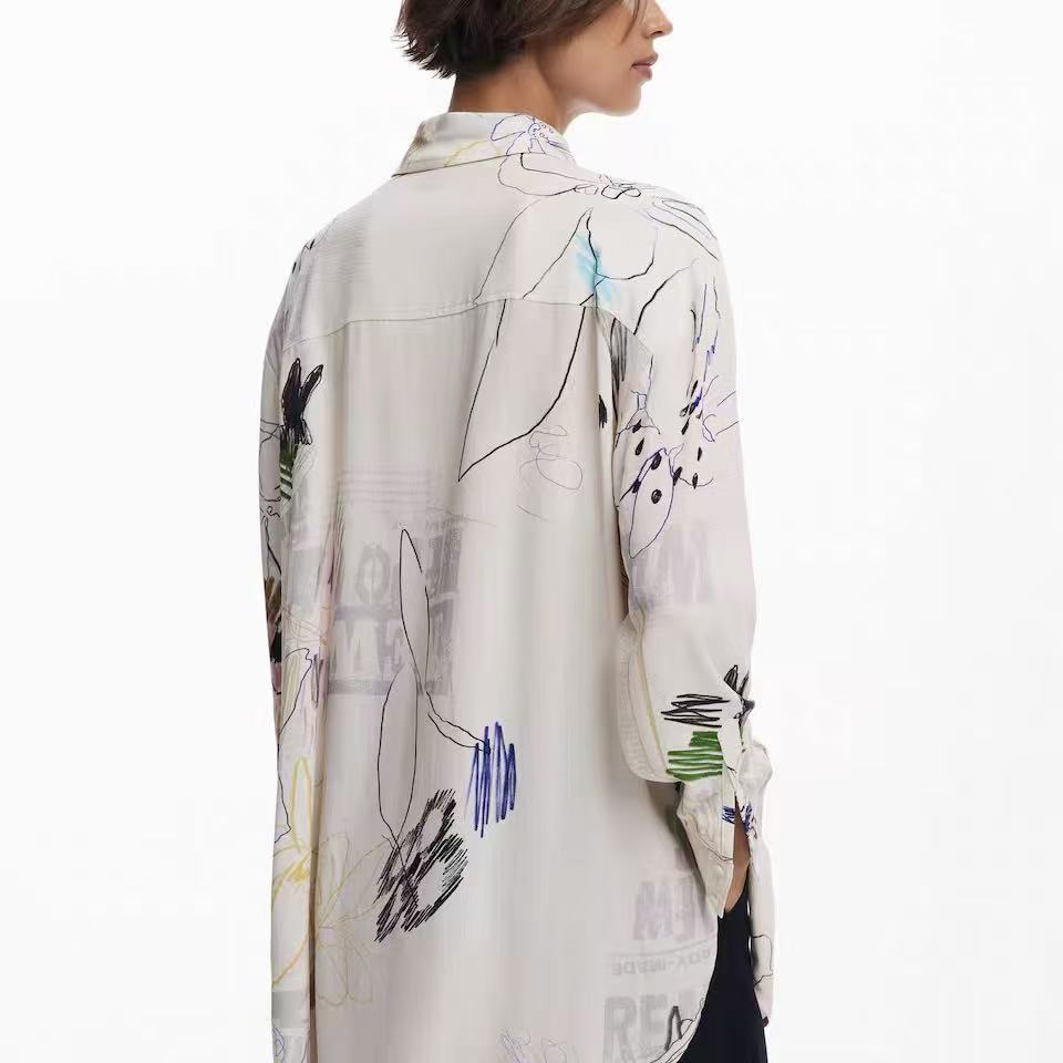 Cream Abstract Floral Sketch Print Long Sleeve Oversized Shirt