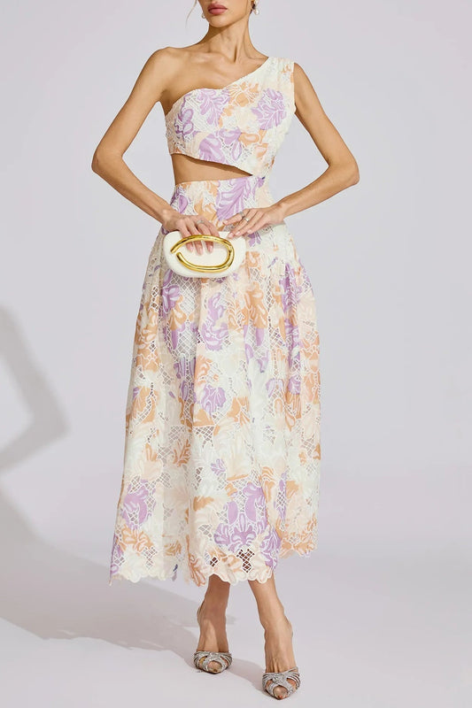 kimberley Yellow One-Shoulder floral print cutout Maxi Dress