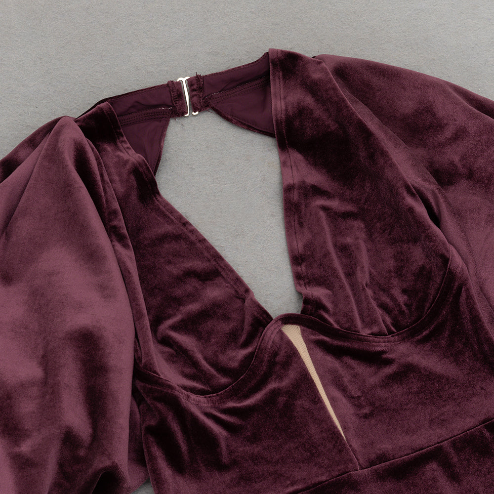 Flowering Girl Women lantern sleeve velvet maxi dress in burgundy