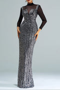 Flowering Girl Women Stand Collar Sequin Panel Long Sleeve Prom Dress