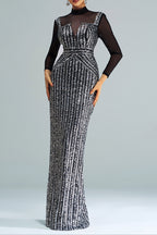Flowering Girl Women Stand Collar Sequin Panel Long Sleeve Prom Dress