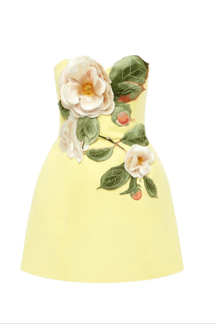 Flowering Girl Women Suzanne Appliqué Floral Bustier Mini Dress In Yellow