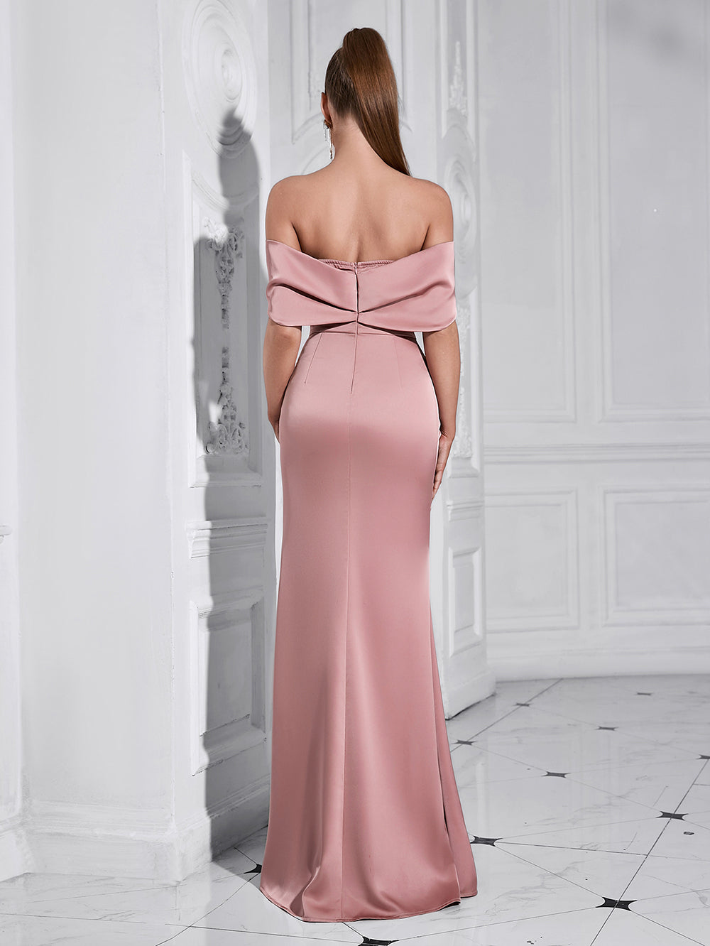 Flowering Girl Women off-shoulder crystal detail satin maxi dress in pink
