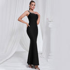 Flowering Girl Women One Shoulder Diamond Bodycon Maxi Dress in black