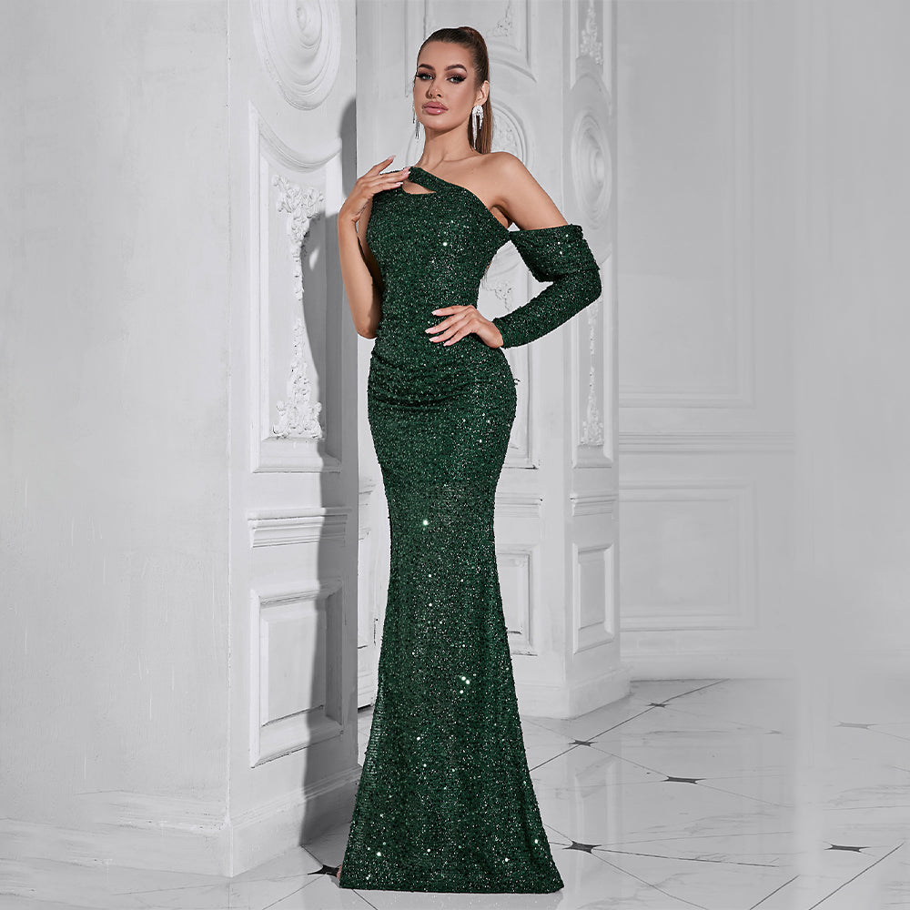 Flowering Girl Women Asymmetric sequin cut out maxi dress in green