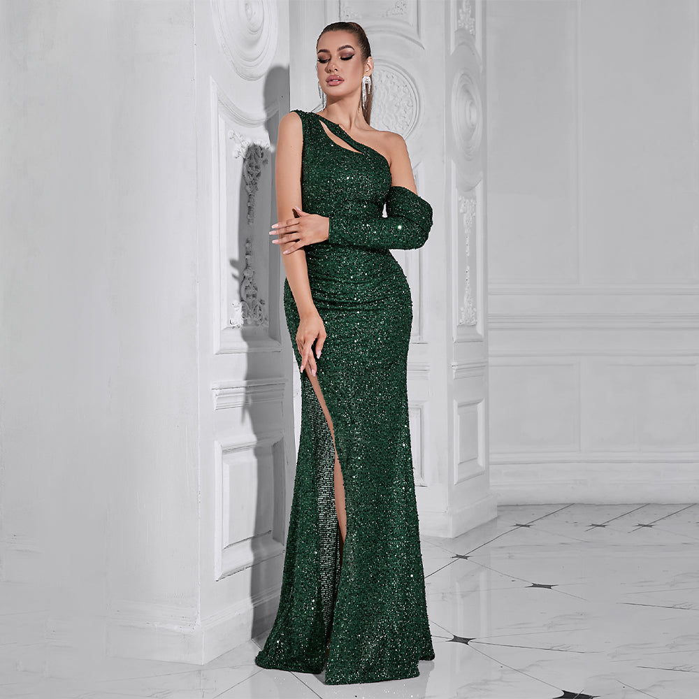 Flowering Girl Women Asymmetric sequin cut out maxi dress in green