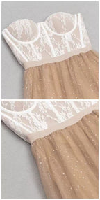 Peach Sparkle Tulle Corset Strapless Midi Dress