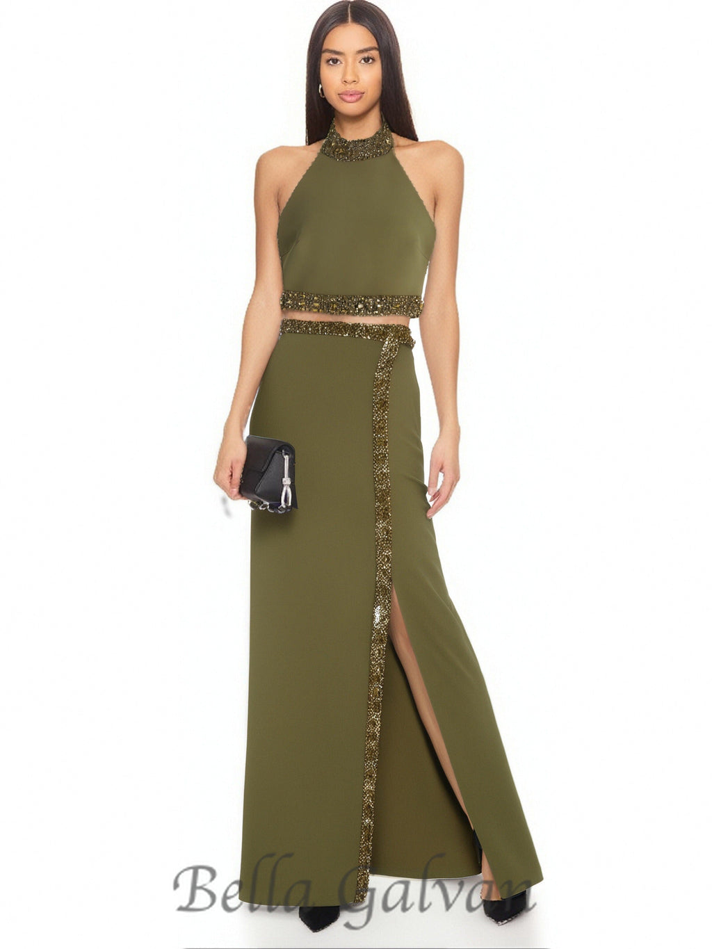 Flowering Girl Women beaded diamond halter top slit skirt suit in green