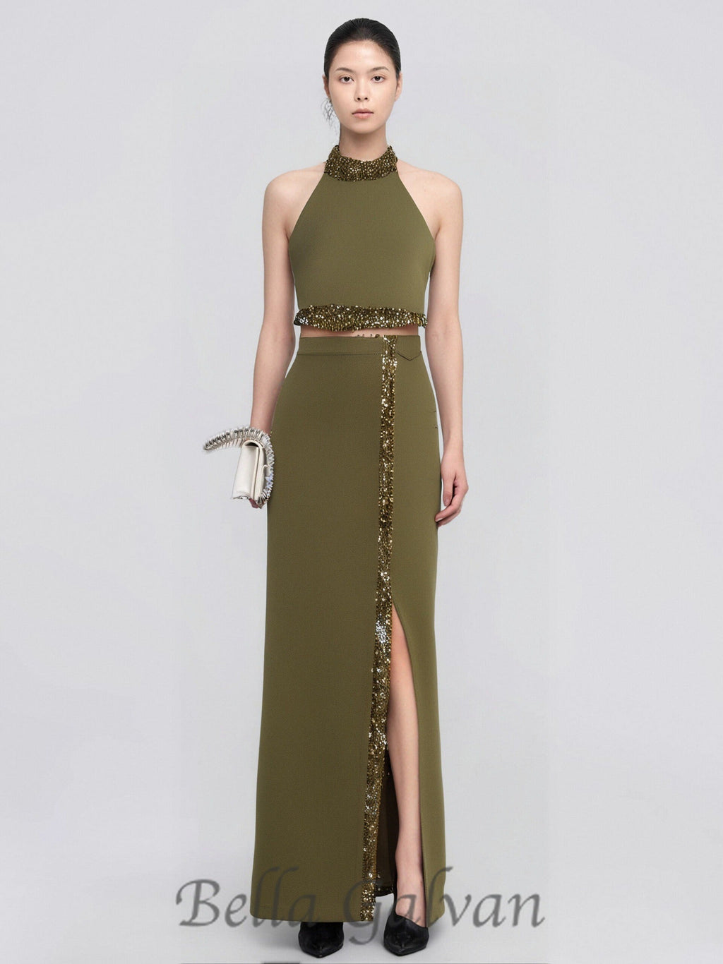 Flowering Girl Women beaded diamond halter top slit skirt suit in green