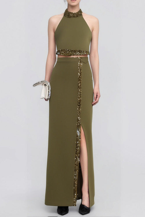 Flowering Girl Women Beaded Diamond Halter Top Slit Skirt Suit In Green