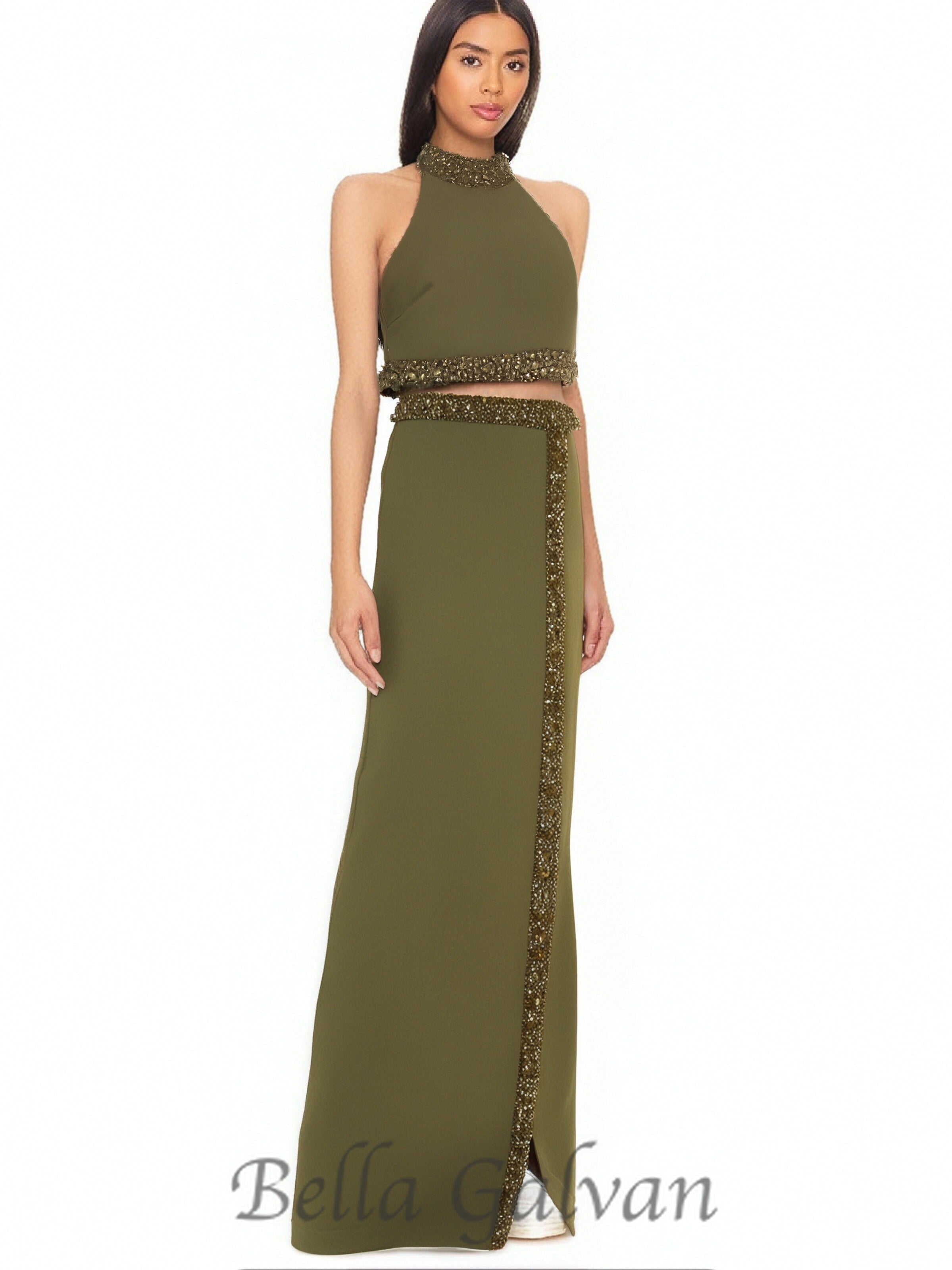 Flowering Girl Women beaded diamond halter top slit skirt suit in green