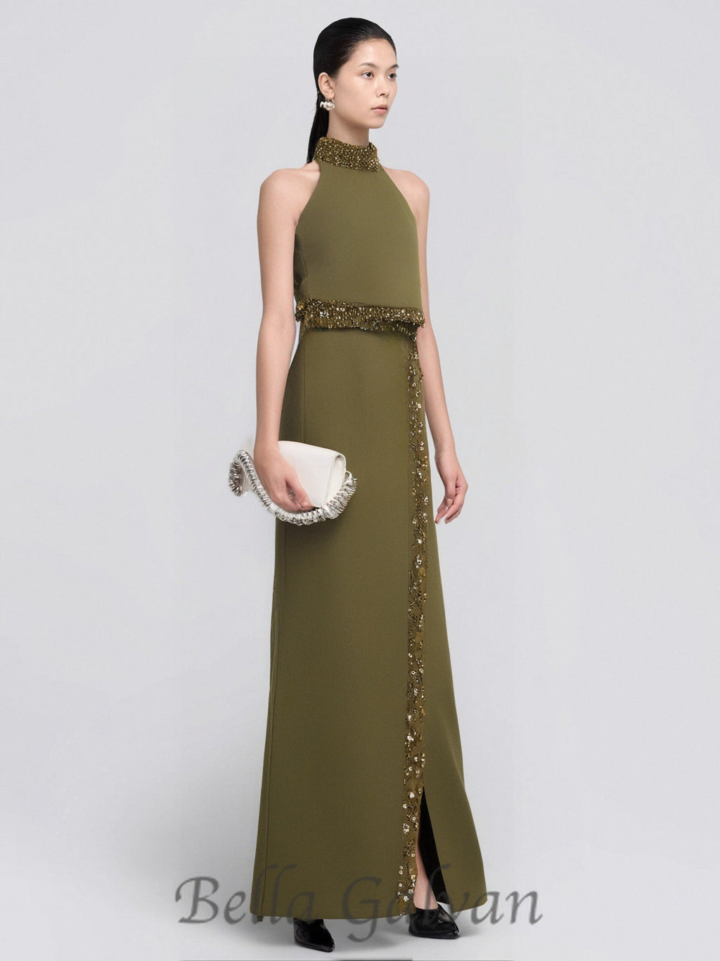 Flowering Girl Women beaded diamond halter top slit skirt suit in green