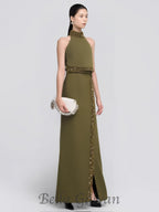 Flowering Girl Women beaded diamond halter top slit skirt suit in green