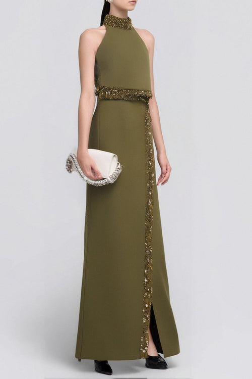 Flowering Girl Women Beaded Diamond Halter Top Slit Skirt Suit In Green