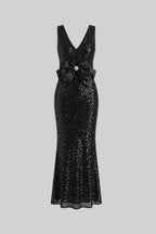 Flowering Girl Women Sequin Maxi Dress With Satin Bow Detail - Black