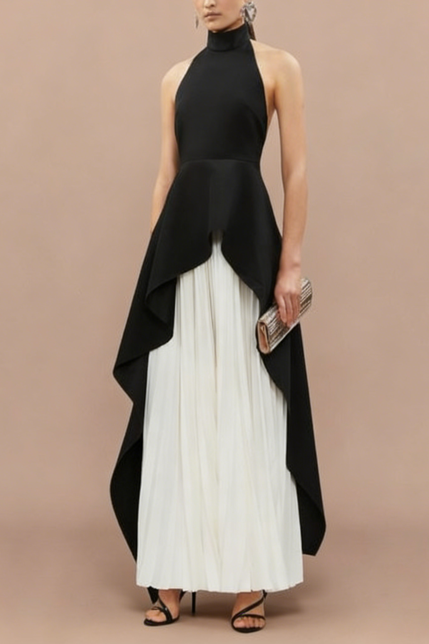 Bandage High Neck Pleated Peplum Maxi Dress
