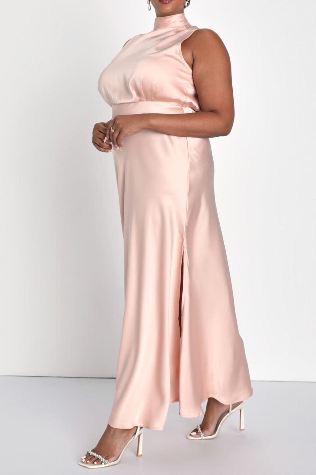 Flowering Girl Women Blush Satin Sleeveless Mock Neck Maxi Dress