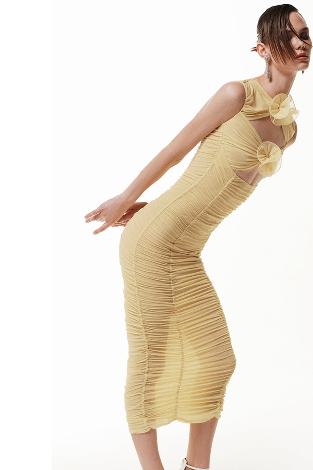 Flowering Girl Women Tulle Floral Cutout Midi Dress In Yellow