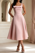 Flowering Girl Women Square Strap Front Bow Satin Midi Swing Dress