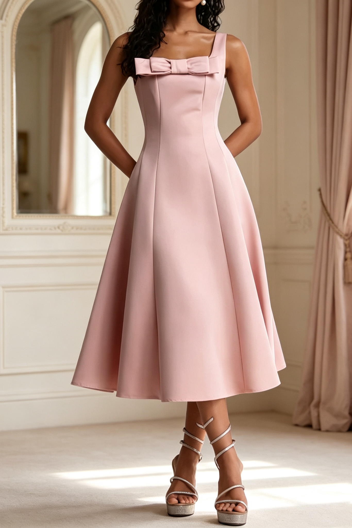 Flowering Girl Women Square Strap Front Bow Satin Midi Swing Dress