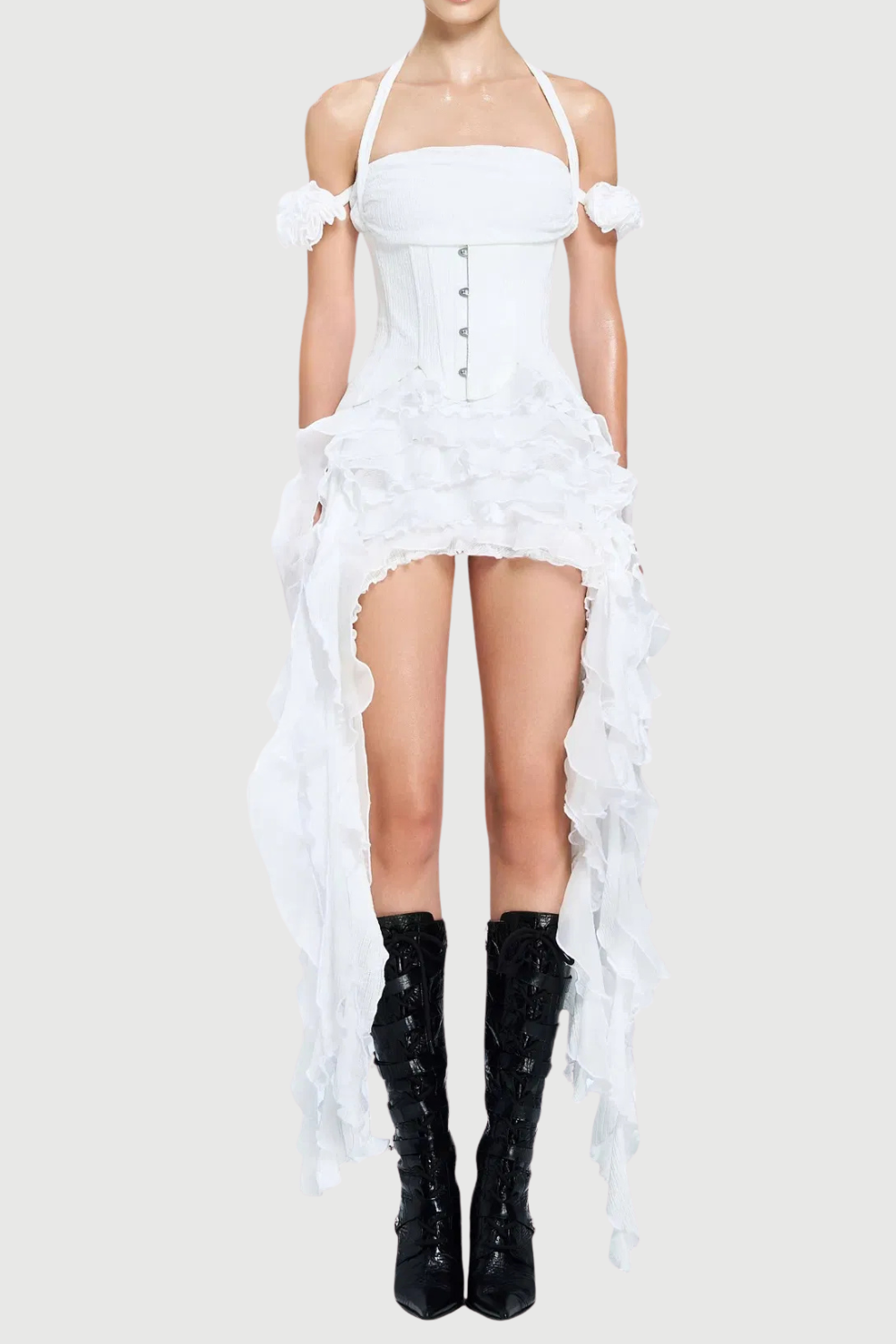 Flowering Girl Women elva halter three-dimensional flower irregular tassel mini dress in white
