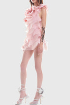 Shelyn Flower One Shoulder Ruffle Mini Dress - Pink