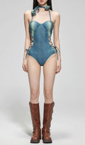 Flowering Girl Women Dodger Denim Flower One-Piece Swimsuit