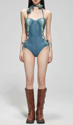 Flowering Girl Women Dodger Denim Flower One-Piece Swimsuit