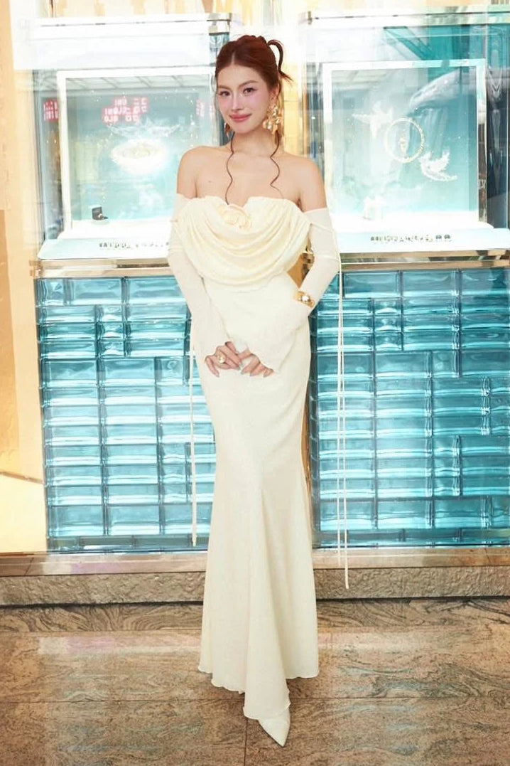 lila flower embellished pleated strapless maxi dress in white