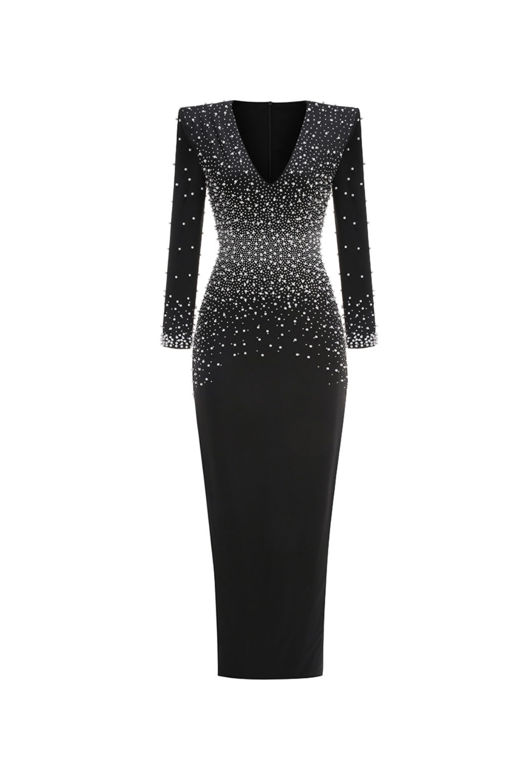 Flowering Girl Women pearl embellished v-neck maxi dress in black