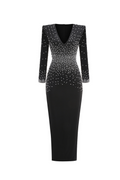 Flowering Girl Women pearl embellished v-neck maxi dress in black