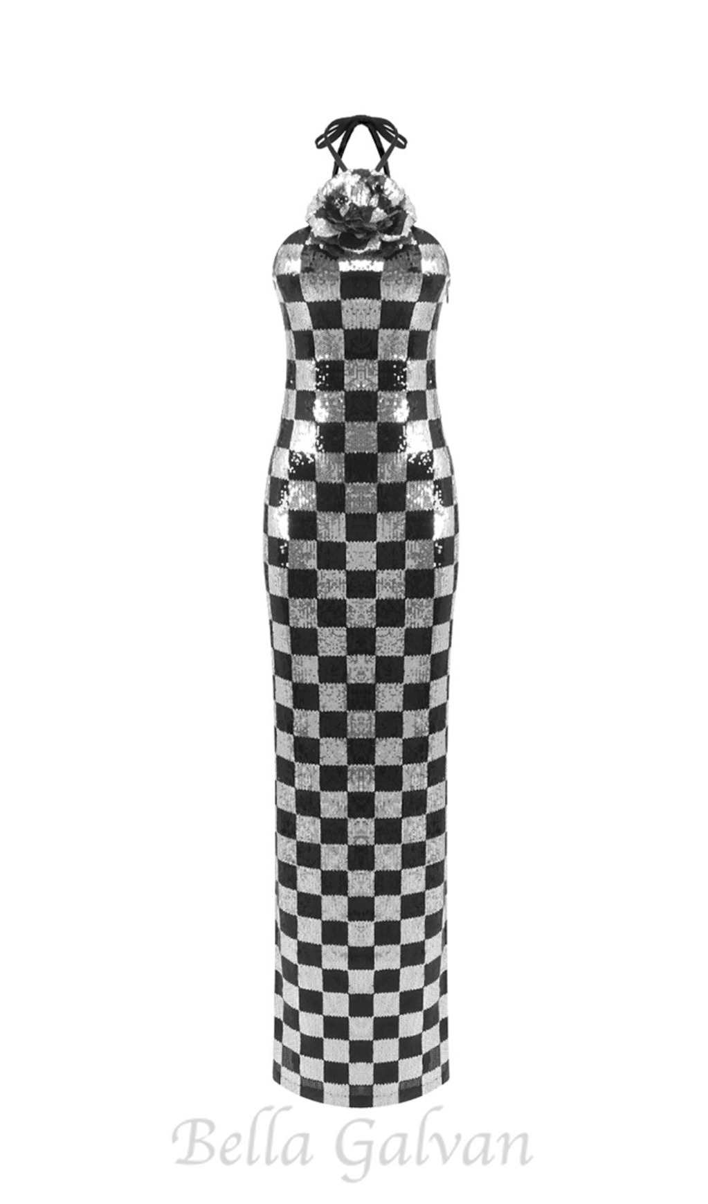 Flowering Girl Women checkerboard sequin halter gown with flower