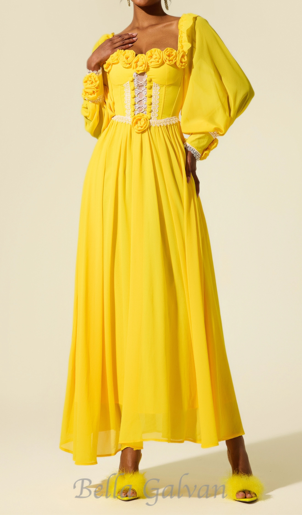 Flowering Girl Women Chiffon 3D Flower Long Sleeve Midi Dress in yellow