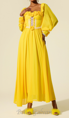 Flowering Girl Women Chiffon 3D Flower Long Sleeve Midi Dress in yellow
