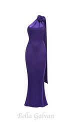 Flowering Girl Women satin wrap halter gown with flower in purple