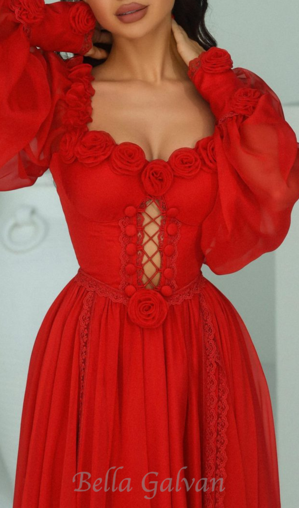 Flowering Girl Women Chiffon 3D Flower Long Sleeve Midi Dress in red