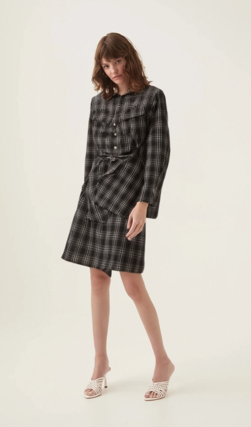 Flowering Girl Women Jeannette black studded check mini shirt dress