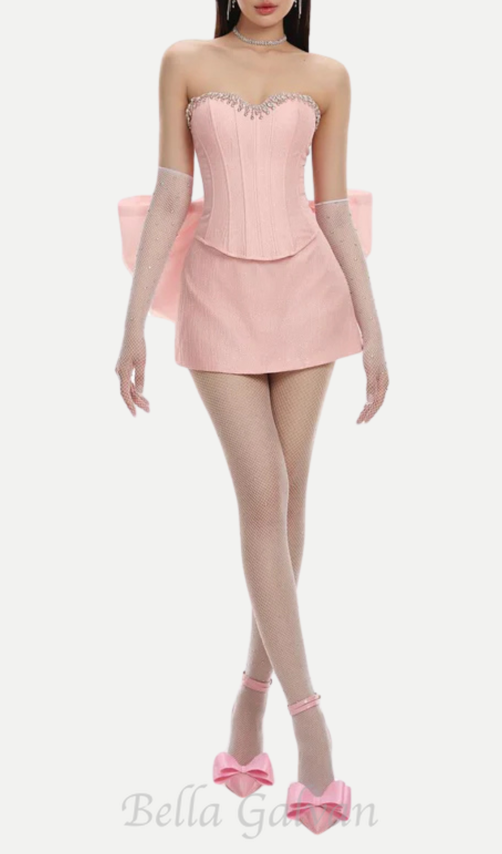 Flowering Girl Women back bowknot embellished skirt suit in pink