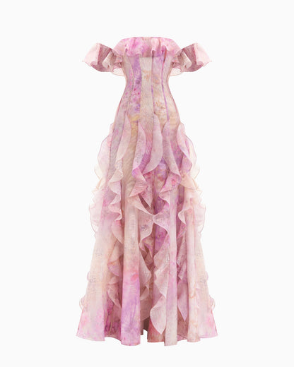 helen Floral Frill Off-Shoulder Maxi Dress in pink