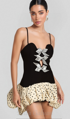 Flowering Girl Women bow polka dot patchwork mini dress in black