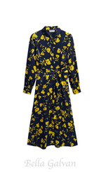 Flowering Girl Women sophia floral shirt midi dress in navy yellow
