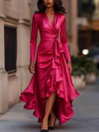 Midnight Blue Draped Satin Maxi Dress With Ruffle Details