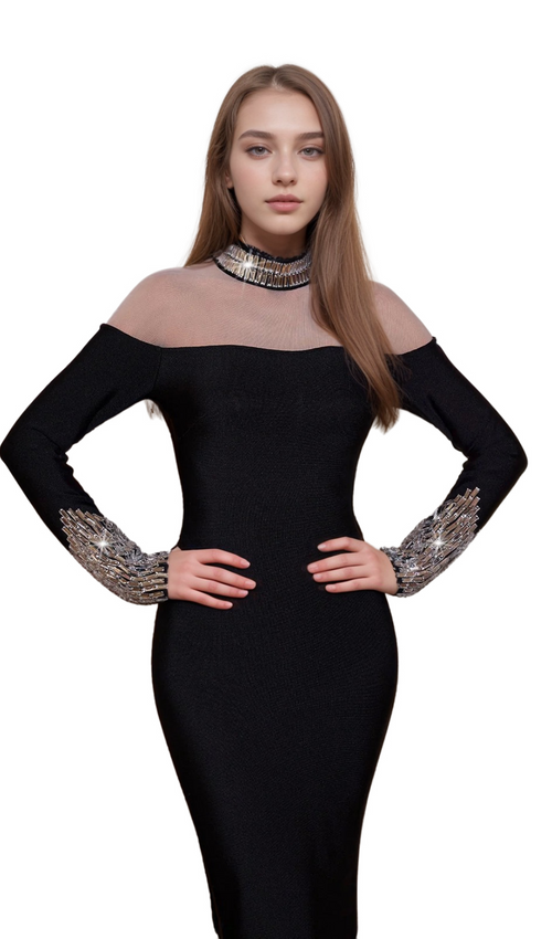 Flowering Girl Women alexandra Long Sleeve Rhinestone Bandage maxi Dress in black