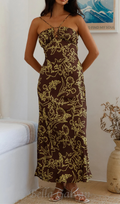 Flowering Girl Women print satin maxi dress in brown
