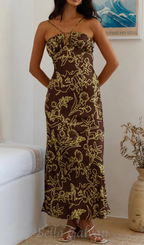 Flowering Girl Women print satin maxi dress in brown